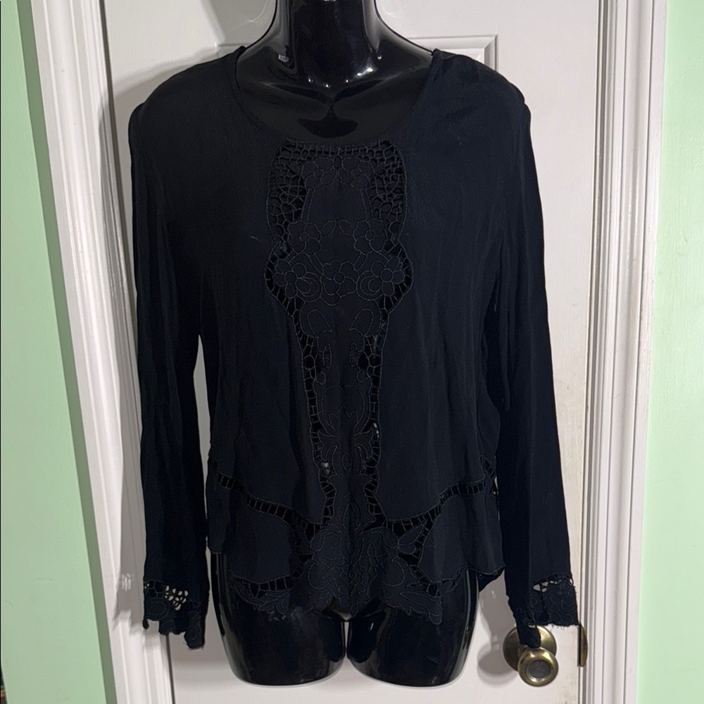 Monteau Black Semi Sheer Embroidered Cut Out Long Sleeve Boho Gypsy Top Size Med - Picture 1 of 13